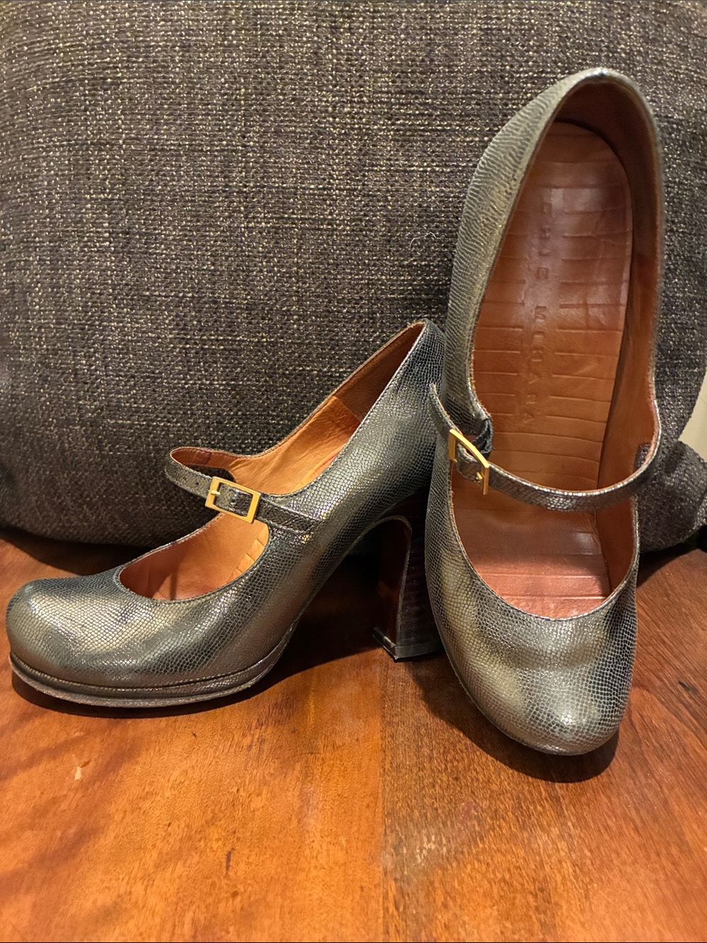 Chie Mihara Metallic Gray Mary Jane Block Heels